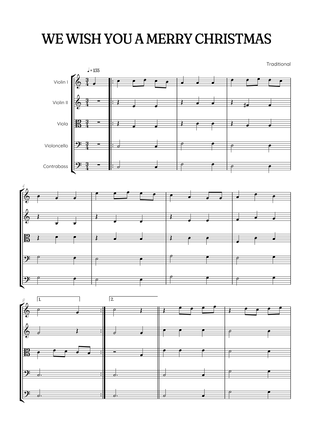 We Wish You a Merry Christmas for String Quintet • easy Christmas sheet music (arr. Benzaiten Editions)