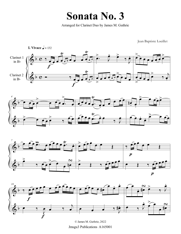 Loeillet: Sonata No. 3 for Clarinet Duo (arr. James M. Guthrie)