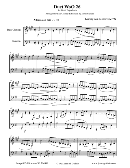 Beethoven: Duet WoO 26 for Bass Clarinet & Bassoon (arr. James Guthrie, ASCAP)
