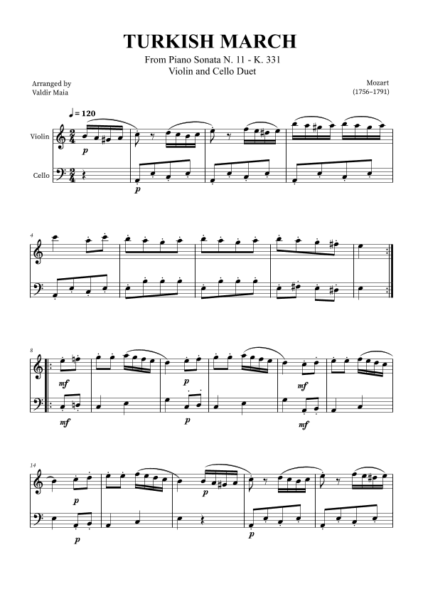 Turkish March - Violin and Cello (arr. Valdir Maia)