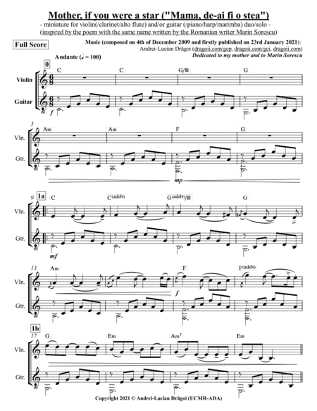 Mother, if you were a star ("Mama, de-ai fi o stea") - miniature for violin(/clarinet/alto flute) an