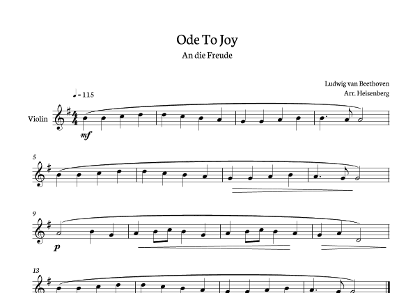 Beethoven - Ode to Joy for violin in G - clean version. (arr. Heisenberg)