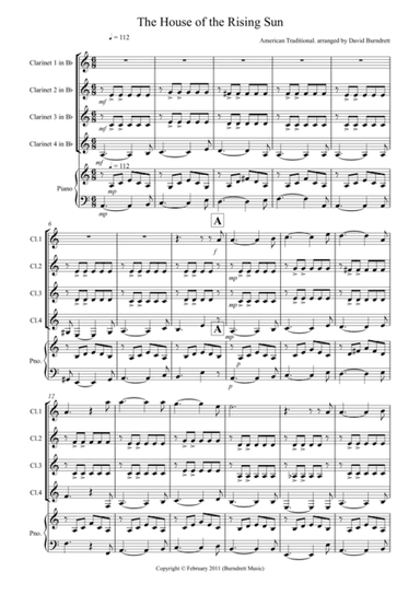 The House of the Rising Sun for Clarinet Quartet (arr. David Burndrett)