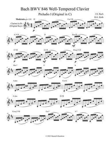 Bach BWV 846 Well Tempered Book 1 Prelude 1 in Various Keys Clarinet (arr. R G Roth)