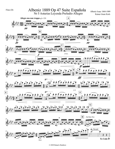 Albeniz 1889 Op 47 Suite Española Nr 5 Asturias Leyenda Preludio Allegro Solo Flute in the key of F (arr. Rainer Grant Roth)