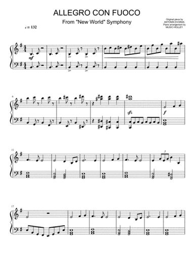 Dvorak - Allegro con fuoco, From the New World Symphony (easy piano sheet) (arr. Music-holley)
