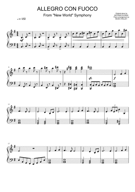 Dvorak - Allegro con fuoco, From the New World Symphony (easy piano sheet) (arr. Music-holley)