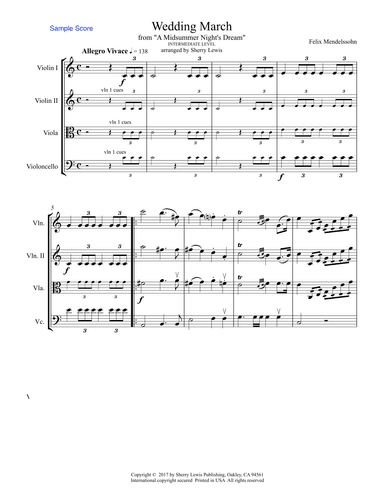 WEDDING MARCH by Mendelssohn, String Quartet, Intermediate Level for 2 violins, viola and cello (arr. Sherry Lewis)