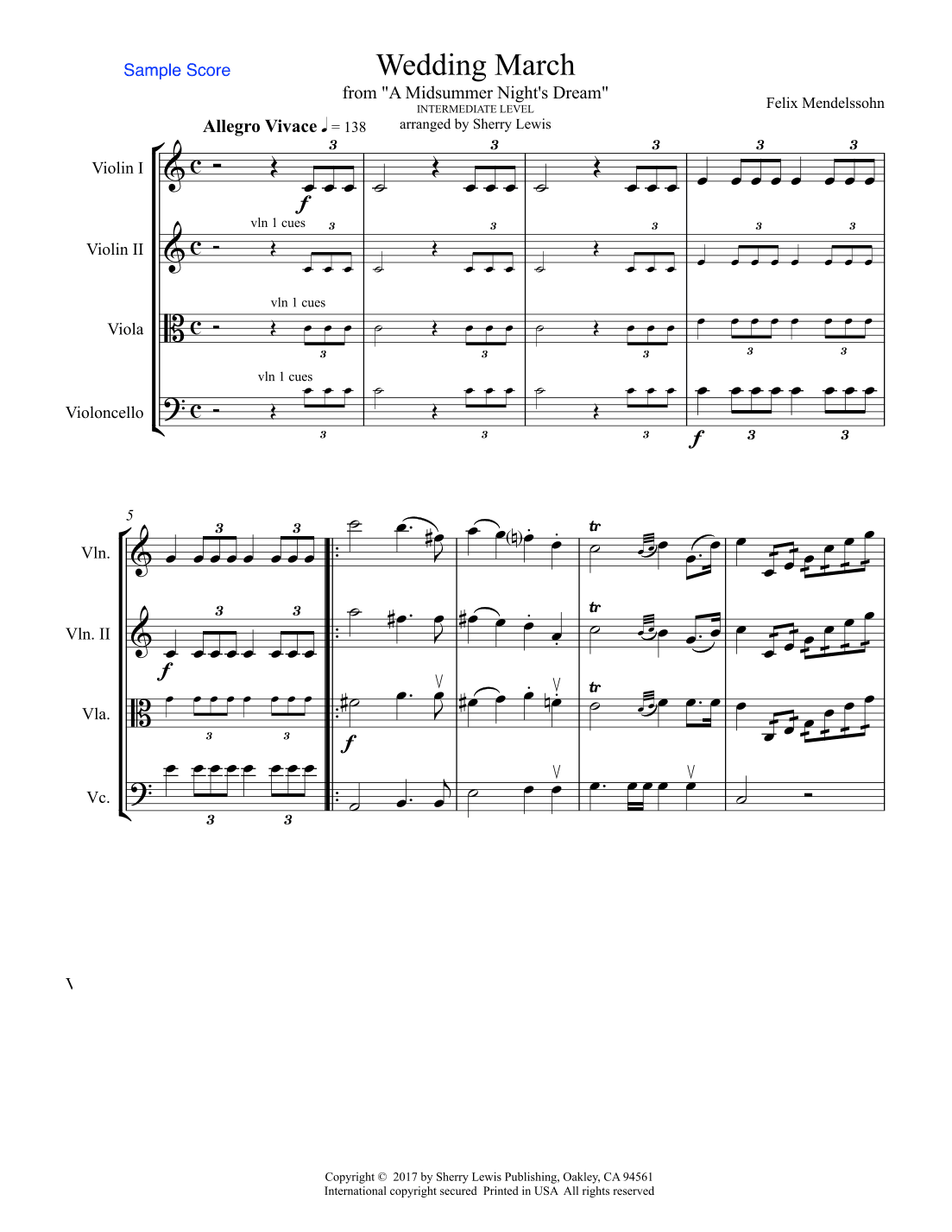WEDDING MARCH by Mendelssohn, String Quartet, Intermediate Level for 2 violins, viola and cello (arr. Sherry Lewis)