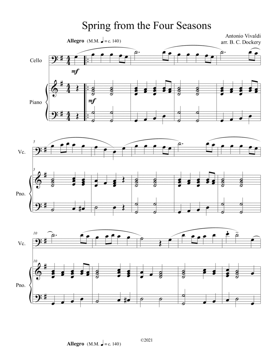Spring from the Four Seasons (Cello Solo) with piano accompaniment (arr. B. C. Dockery)