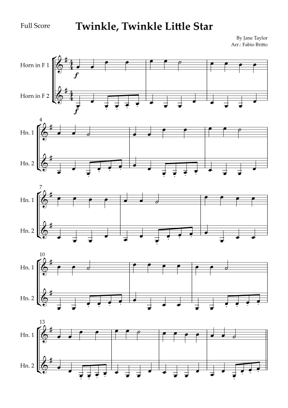Twinkle, Twinkle Little Star for Horn in F Duo (arr. Fabio Britto)
