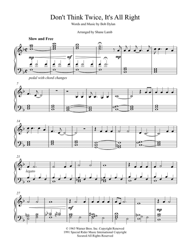 Don't Think Twice, It's All Right (arr. Shane Lamb)