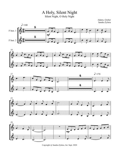 A Holy, Silent Night  (treble F instrument duet, parts only) (arr. Sandra Zylstra)