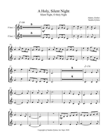 A Holy, Silent Night  (treble F instrument duet, parts only) (arr. Sandra Zylstra)