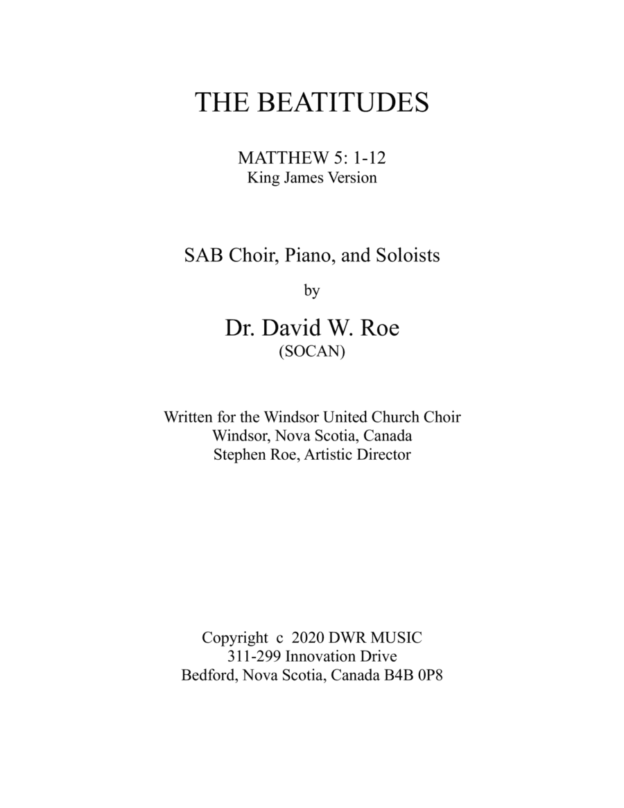 The Beatitudes by Dr. David W. Roe for SAB Choir , Soloists, and Piano