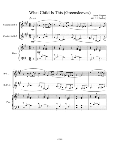 What Child Is This (Greensleeves) for clarinet duet with optional piano accompaniment (arr. B C Dockery)