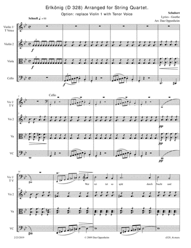 Schubert: Erlkönig (D 328) Arranged for String Quartet. Option: replace Violin 1 with Tenor Voice (arr. D Oppenheim)
