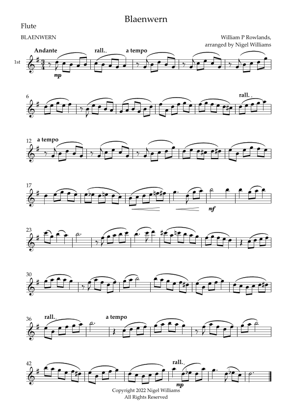 Blaenwern, for Two Flutes and Oboe (arr. Nigel Williams)