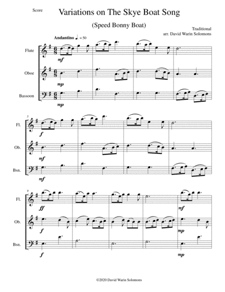 Variations on The Skye Boat Song (Speed bonnie boat) for wind trio (flute, oboe, bassoon) (arr. David Warin Solomons)