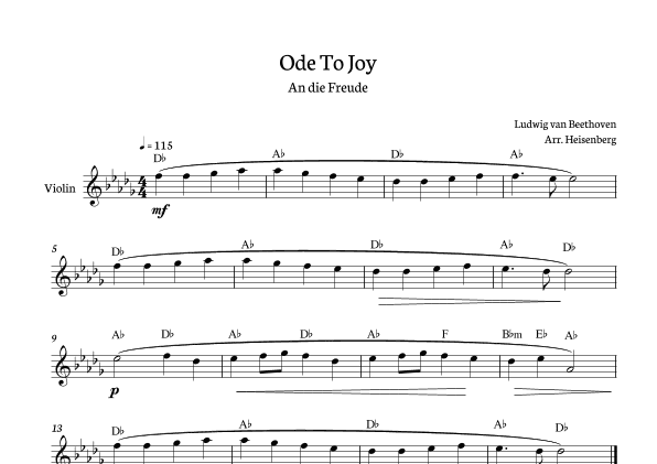 Beethoven - Ode to Joy for violin in Db with chords. (arr. Heisenberg)