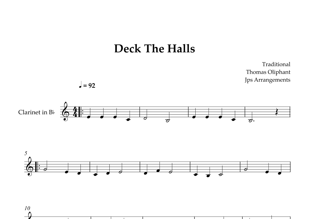 Deck The Halls For Clarinet (arr. Jps Arrangements)