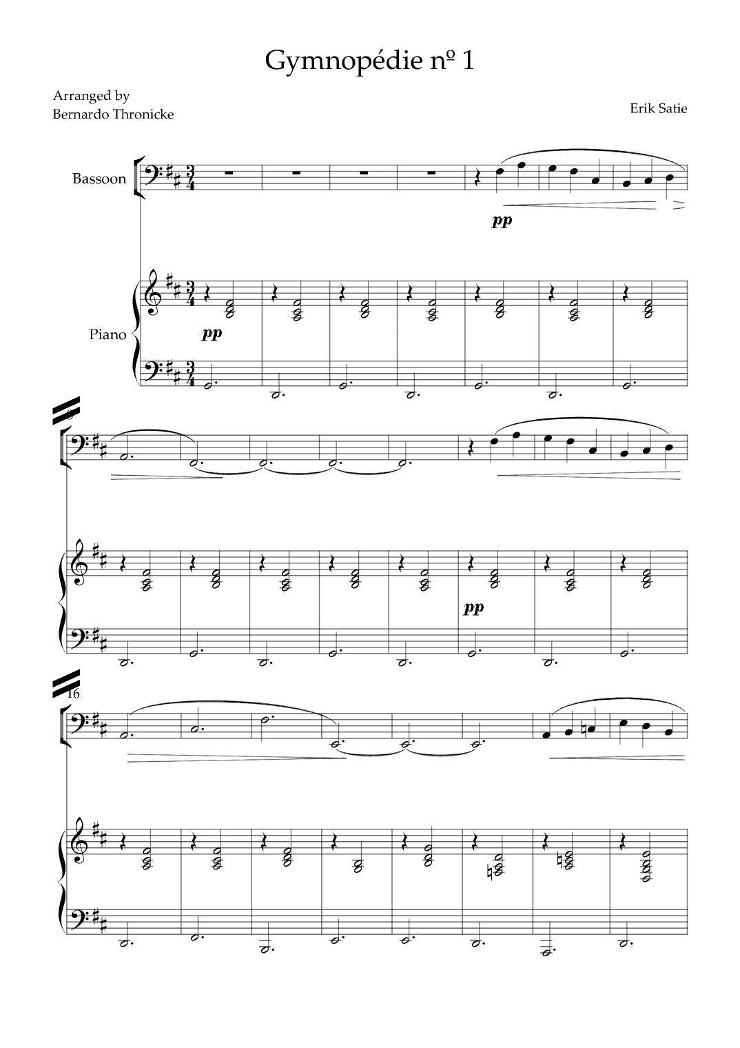 Gymnopédie nº 1 - For Bassoon and Piano (arr. Bernardo Thronicke)