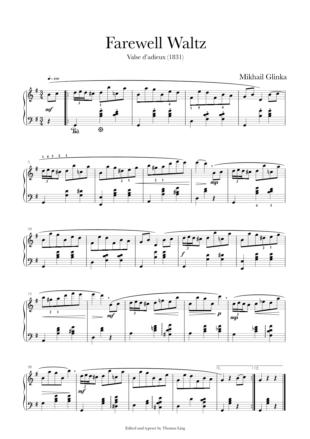 Farewell Waltz by Glinka (with “Bonjour” an original piece) (arr. T Ling)