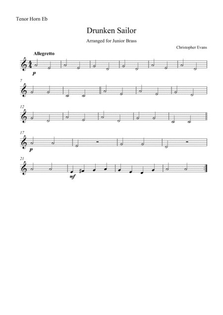 Drunken Sailor for Junior Brass Ensemble - Tenor Horn Part (Eb) (arr. Christopher Evans)