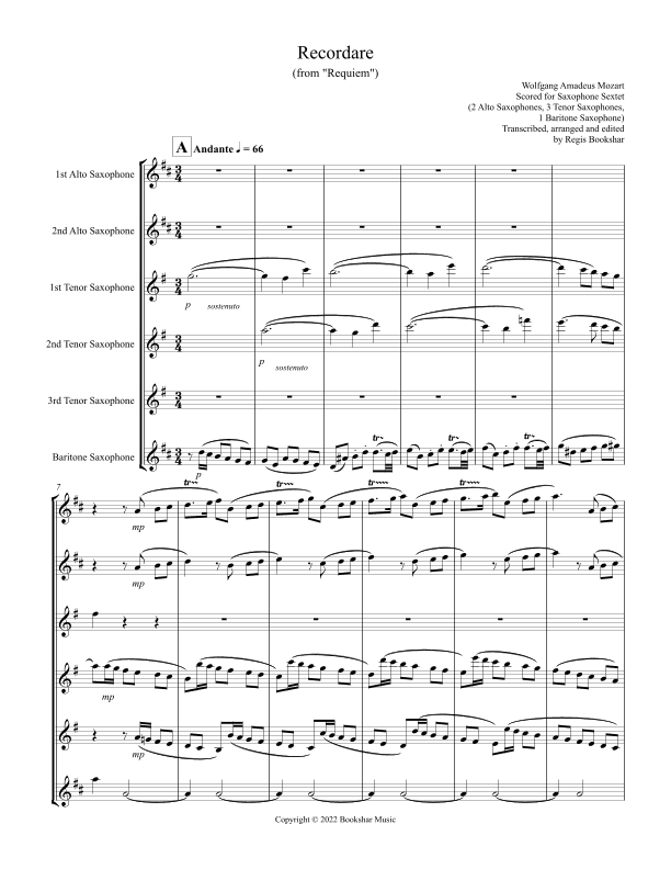 Recordare (from "Requiem") (F) (Saxophone Sextet - 2 Alto, 3 Ten, 1 Bari) (arr. Regis Bookshar)