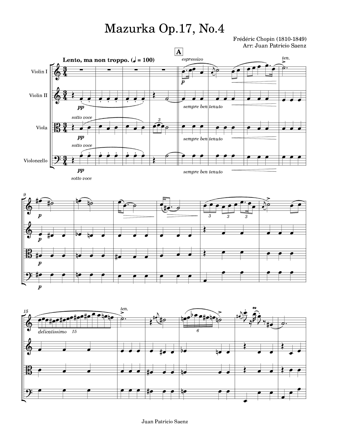 Chopin - Mazurka Op.17 No.4 - String quartet arrangement (arr. Juan Patricio Saenz)