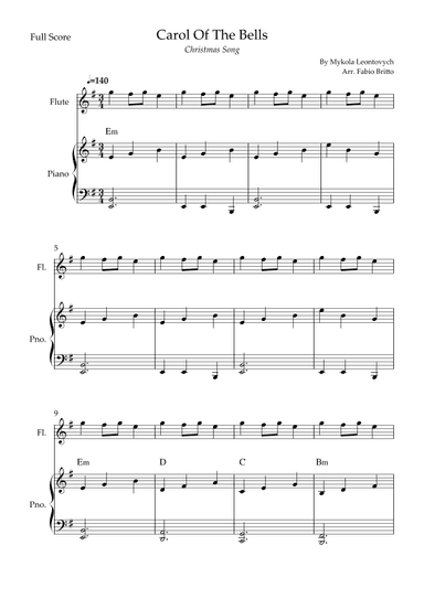 Carol Of The Bells (Christmas Song) for Flute Solo and Piano Accompaniment with Chords (arr. Fabio Britto)