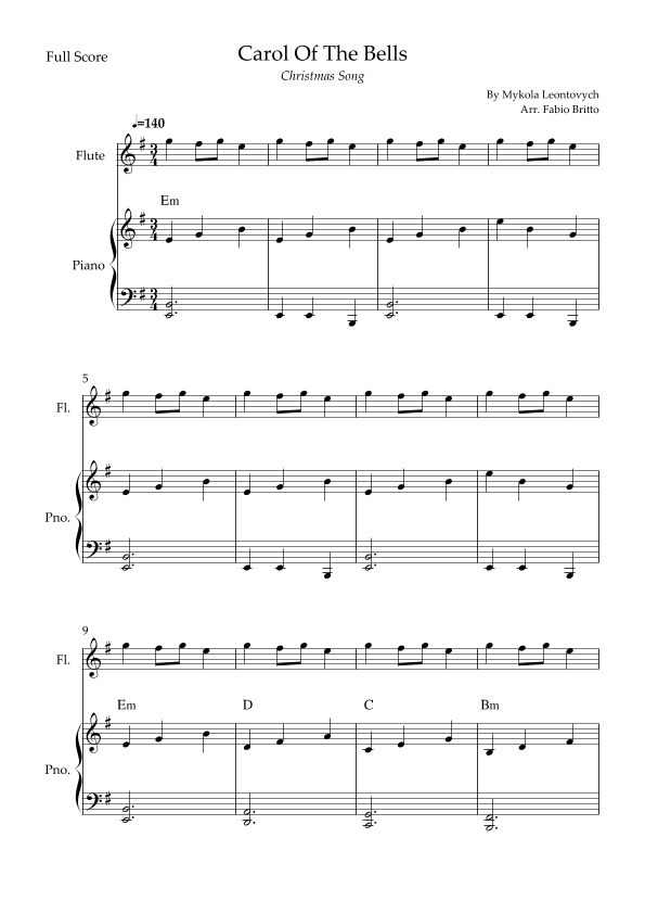 Carol Of The Bells (Christmas Song) for Flute Solo and Piano Accompaniment with Chords (arr. Fabio Britto)