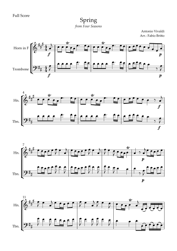 Spring (from Four Seasons of Antonio Vivaldi) for Horn in F & Trombone Duo (arr. Fabio Britto)