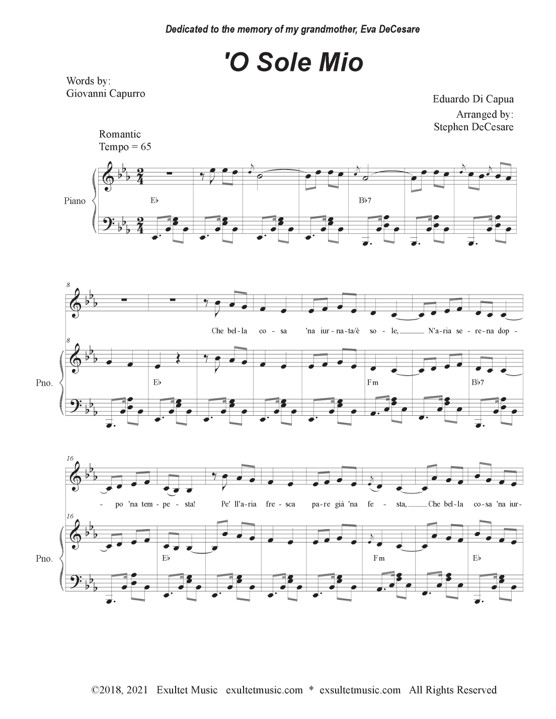 O Sole Mio (Vocal solo - Medium/High Key) (arr. Stephen DeCesare)