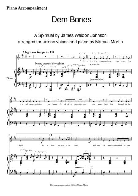Dem Bones Piano Bass & Drum Accompaniment for unison voices (arr. Marcus Martin)
