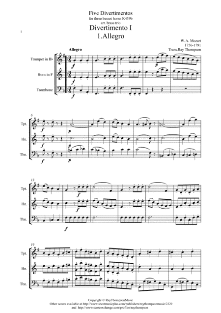 Mozart: Divertimento No.1 from "Five divertimenti for 3 basset horns" K439b - brass trio (arr. Ray Thompson)