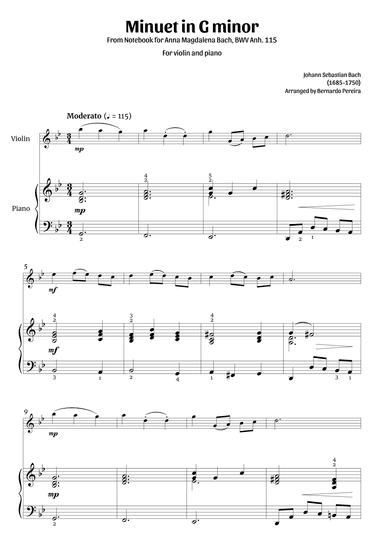 Minuet in G minor (violin and piano – clean with fingering) (arr. Bernardo Pereira)