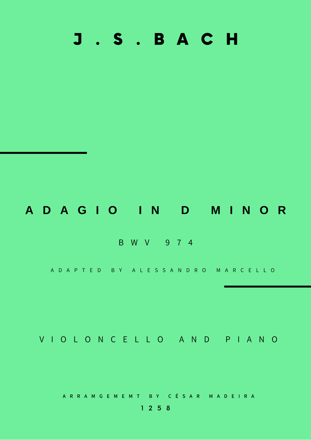 Adagio (BWV 974) - Cello and Piano (Full Score and Parts) (arr. César Madeira)