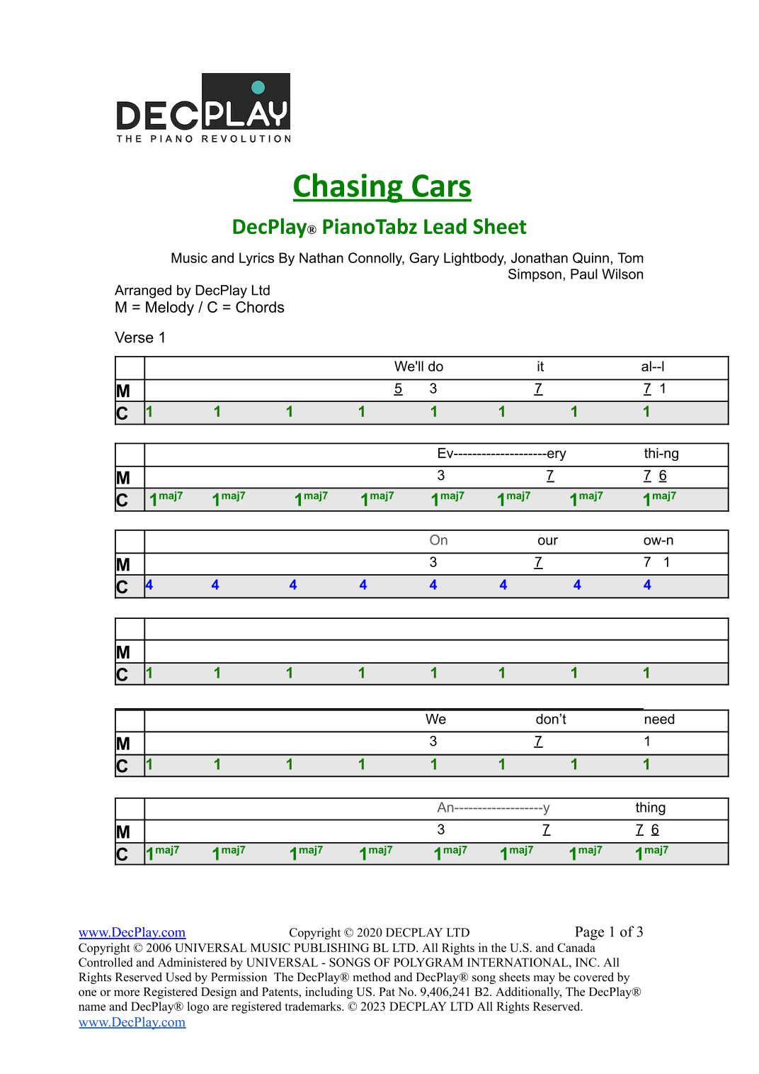 Chasing Cars (arr. DecPlay Ltd)