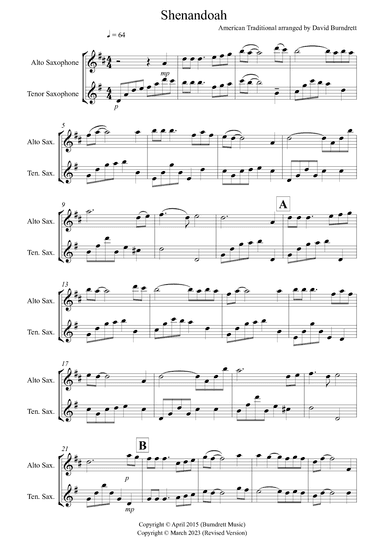 Shenandoah for Alto and Tenor Saxophone Duet (arr. David Burndrett)