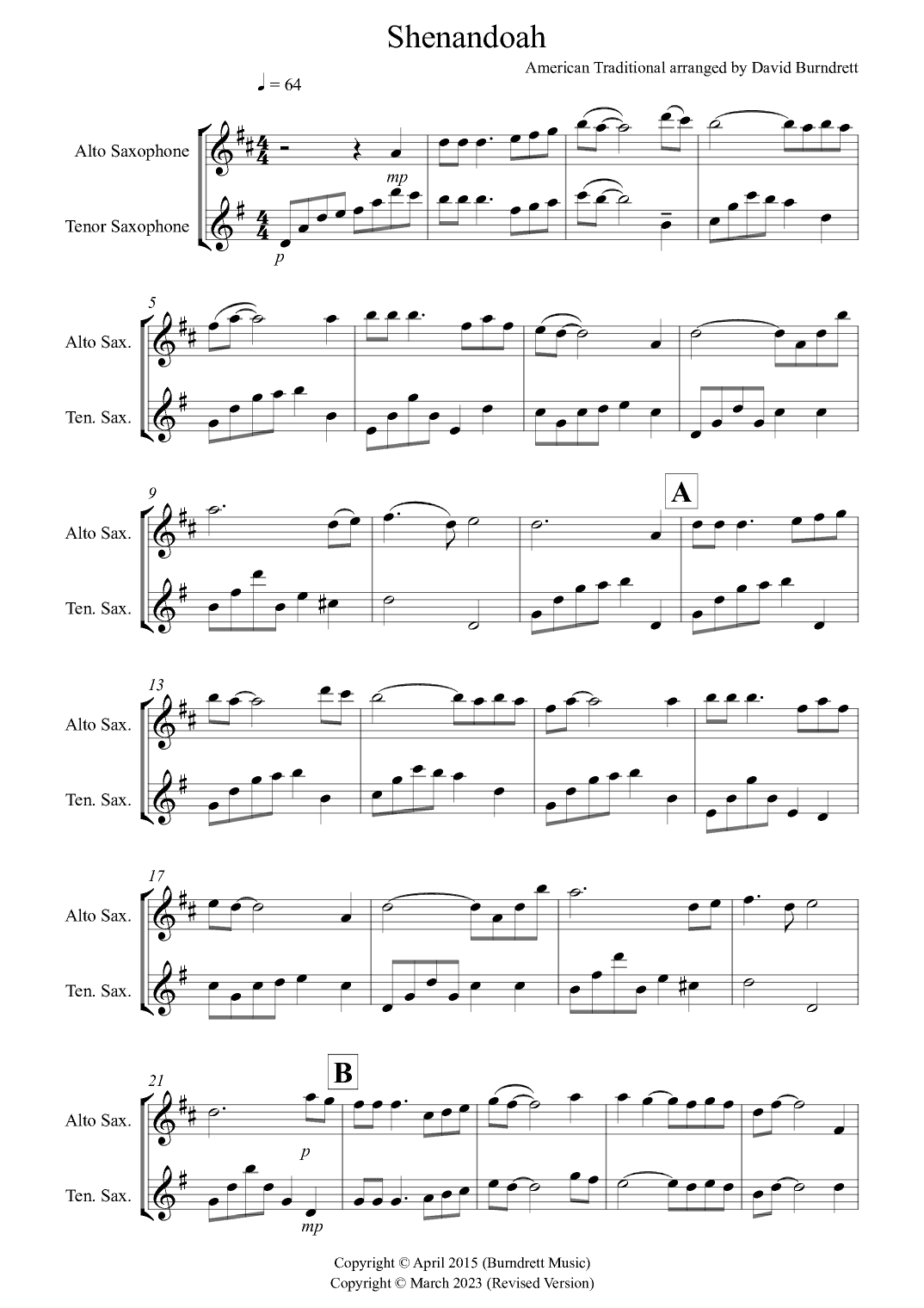 Shenandoah for Alto and Tenor Saxophone Duet (arr. David Burndrett)