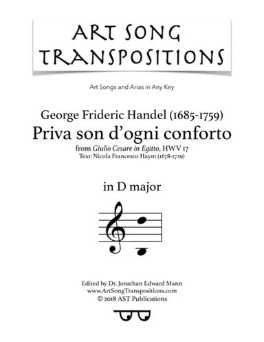 HANDEL: Priva son d'ogni conforto (transposed to D major) (arr. ArtSongTranspositions.com)