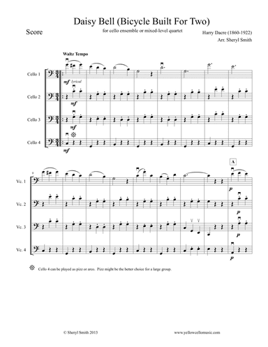Daisy Bell (Bicycle Built for Two), arranged for cello ensemble/mixed-level cello quartet (arr. Yellow Cello Music)