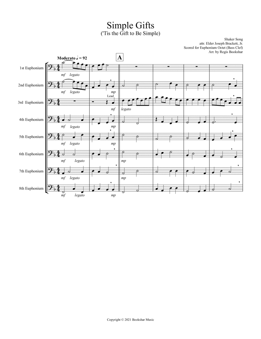 Simple Gifts ('Tis the Gift to Be Simple) (F) (Euphonium Octet - Bass Clef) (arr. Regis Bookshar)