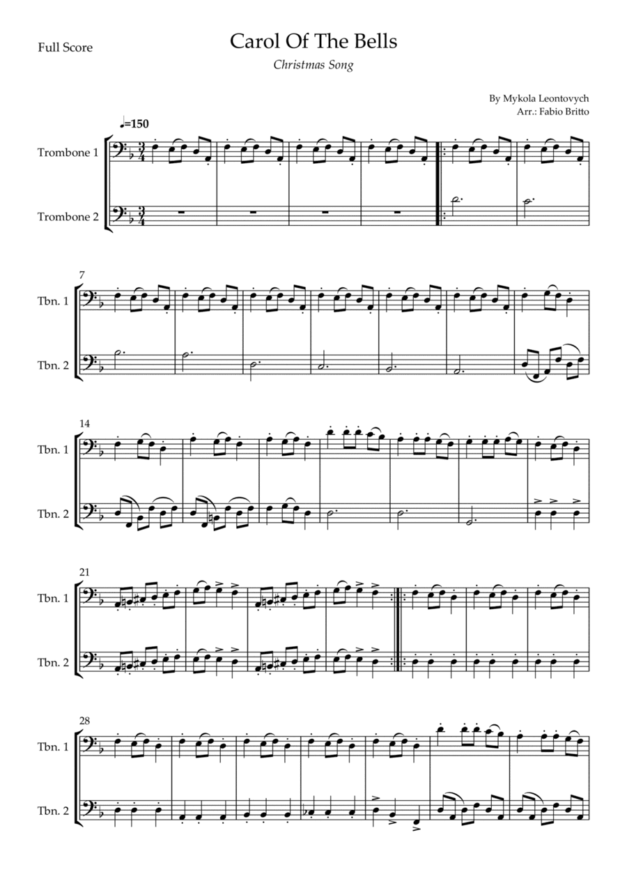 Carol Of The Bells (Christmas Song) for Trombone Duo (D Minor) (arr. Fabio Britto)