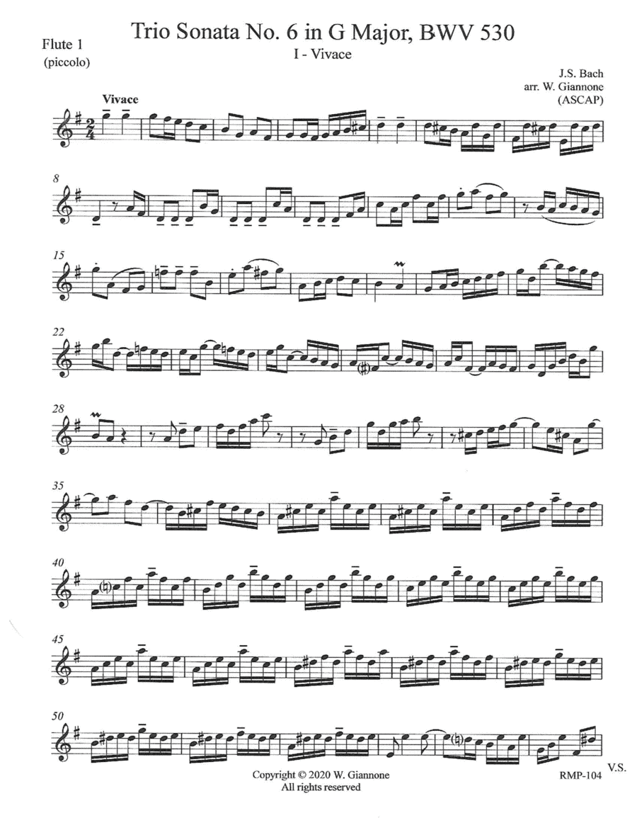 Bach - Trio Sonata No. 6 in G Major (BWV 530) - parts flute, oboe, bassoon (arr. W. Giannone)