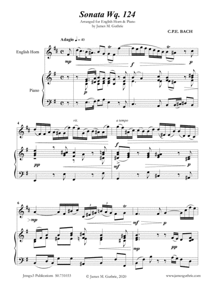 CPE BACH: Sonata in E Minor WQ124 for English Horn & Piano (arr. James Guthrie, ASCAP)