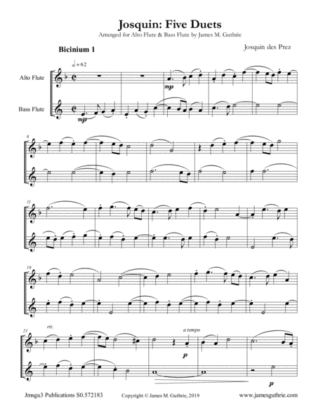 Josquin: Five Duets for Alto and Bass Flutes (arr. James M. Guthrie, ASCAP)