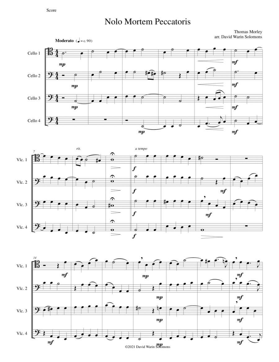 Nolo mortem peccatoris (I do not wish a sinner to die) for 4 cellos (arr. David Warin Solomons)