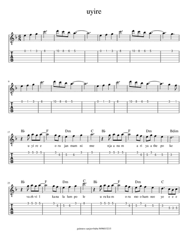 uyire oru janmam neeye (arr. indian guitar lessons)